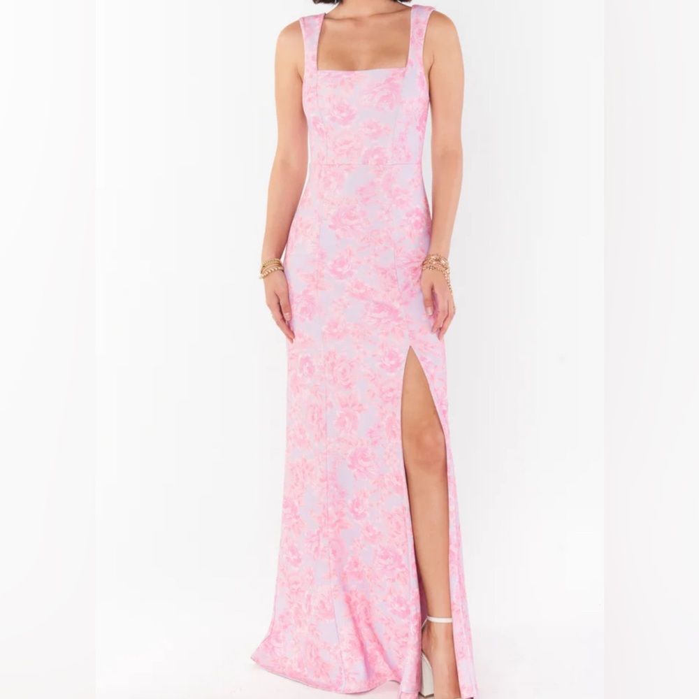 Show Me Your MuMu Pink Floral Square Neck Gown with Thigh Slit